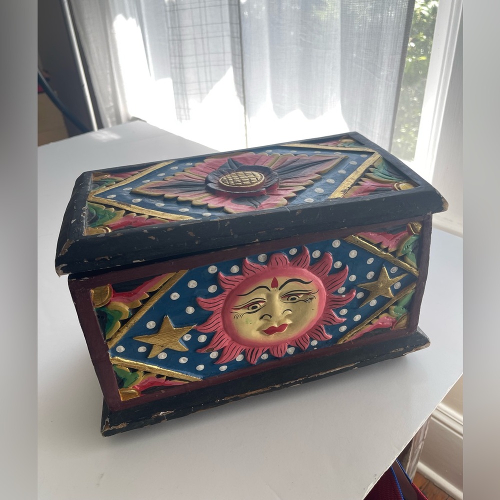 Celestial Sun & Flowers Folk Art Wood Trinket Box Indonesia